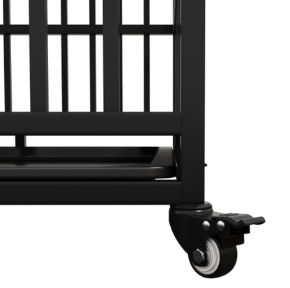 Wefulfil black metal Dog Crate For Large Dogs corner close up showing caster wheel and removable tray
