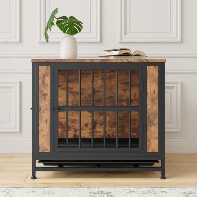 Wefulfil wooden dog crate table with rustic wood finish and black metal bars for small dogs
