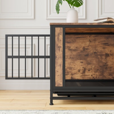 Wefulfil wooden dog crate table with rustic wood panels black metal frame and open side gate in living room