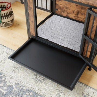 Wefulfil wooden dog crate table with open metal frame pulled out black tray and gray pet pad inside