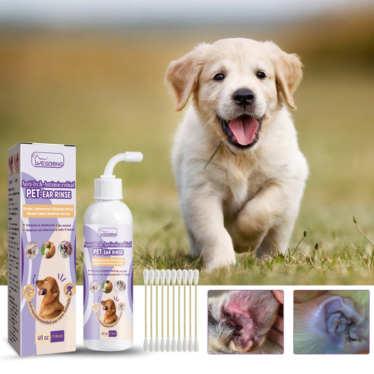 Wefulfil Pet Cat And Dog Ear Rinse with applicator bottle, cotton swabs, and before-after ear cleaning images