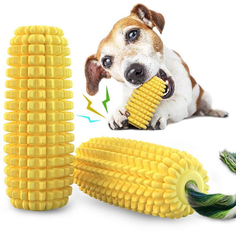 Wefulfil Corn-Shaped Dog Chew Toy in yellow with realistic corn design being chewed by a dog