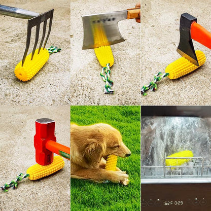 Wefulfil Corn-Shaped Dog Chew Toy being tested with tools and a dog chewing on it outdoors
