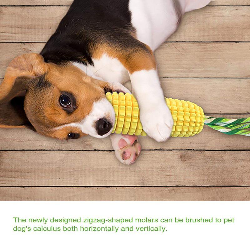 Beagle puppy playing with Wefulfil Corn-Shaped Dog Chew Toy on wooden floor