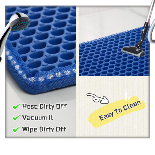 Blue Double-layer Rice Cat mat from Wefulfil showing easy cleaning with hose, vacuum, and wipe options