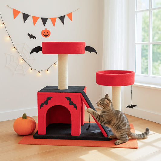 Wefulfil Gothic Cat Tree in red and black with bat designs and platforms for cats to climb and play