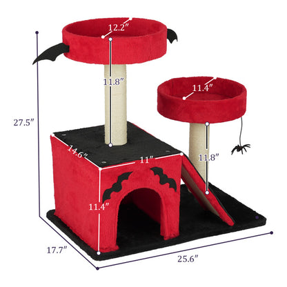 Wefulfil Gothic Cat Tree in red and black with bat wings, spider toy, and multi-level scratching posts