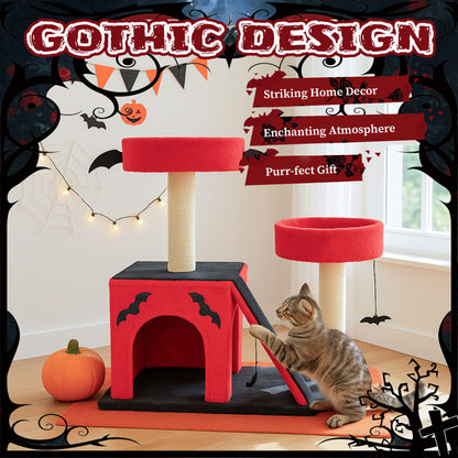 Wefulfil Gothic Cat Tree in red and black with bats design and scratching posts for cats