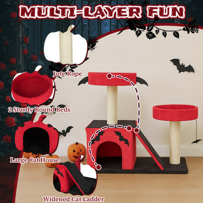Wefulfil Gothic Cat Tree in red with jute rope posts, two round beds, large cat house, and widened ladder