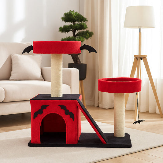 Wefulfil Gothic Cat Tree in red and black with bat wing decorations and scratching posts for cats