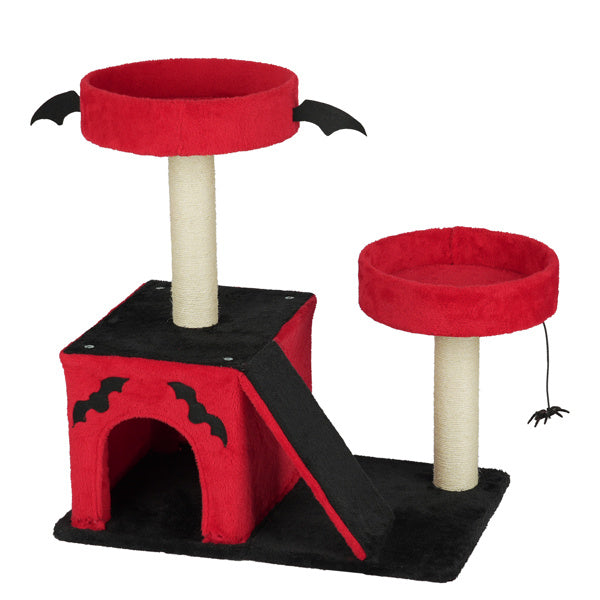 Wefulfil Gothic Cat Tree in red and black with two platforms, a ramp, and bat decorations