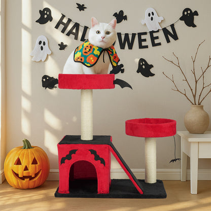 Wefulfil Gothic Cat Tree in red and black with Halloween decorations and a white cat wearing a pumpkin cape