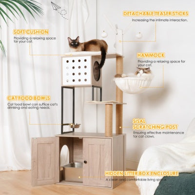 Wefulfil Modern Cat Condo Tree with soft cushion, hammock, sisal scratching post, and hidden litter box enclosure