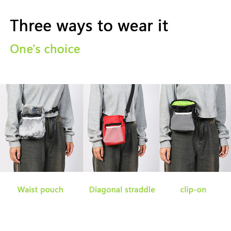 Wefulfil Training Treat Utility Pouch worn three ways as waist pouch, diagonal straddle, and clip-on for pet training