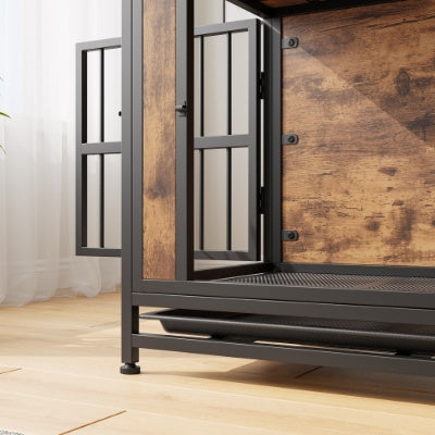 Wefulfil Wood and Metal Dog Crate with sturdy black metal frame and wood paneling standing on wooden floor
