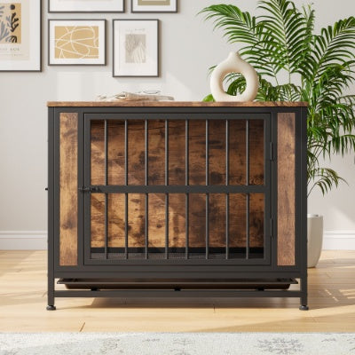 Wefulfil wood and metal dog crate with rustic wood panels and black metal frame in stylish living room