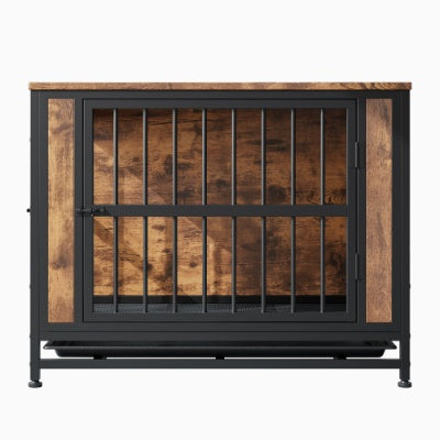 Wefulfil Wood and Metal Dog Crate with rustic wooden panels and black metal bars for pets