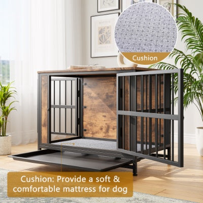 Wefulfil wood and metal dog crate with soft cushion and open door in modern living room