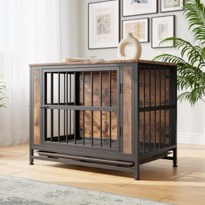 Wefulfil wood and metal dog crate with sturdy frame and rustic wood panels for pet safety
