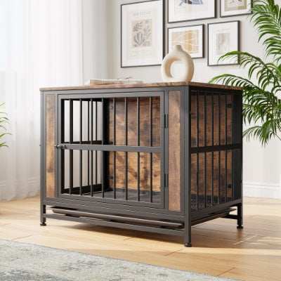 Wefulfil wood and metal dog crate with sturdy frame and rustic wood panels for pet safety
