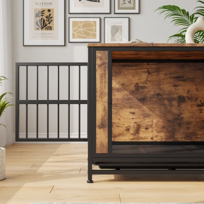 Wefulfil wood and metal dog crate with rustic wooden panels and black metal frame in modern living room