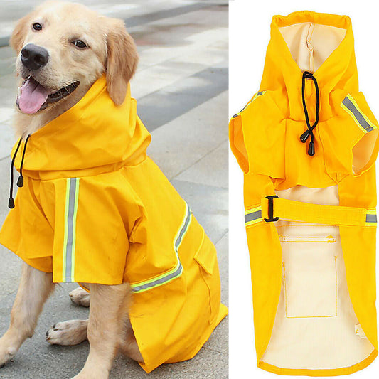 Wefulfil waterproof dog rain jacket in bright yellow with reflective stripes and adjustable hood on golden retriever