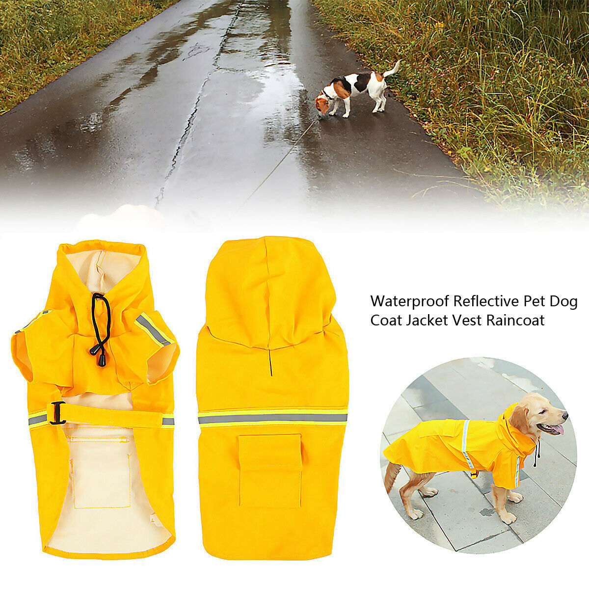 Wefulfil Waterproof Dog Rain Jacket in bright yellow with reflective strips for pet safety and rain protection