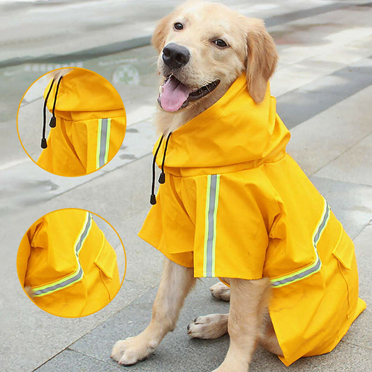 Wefulfil waterproof dog rain jacket in bright yellow with reflective strips on a happy golden retriever