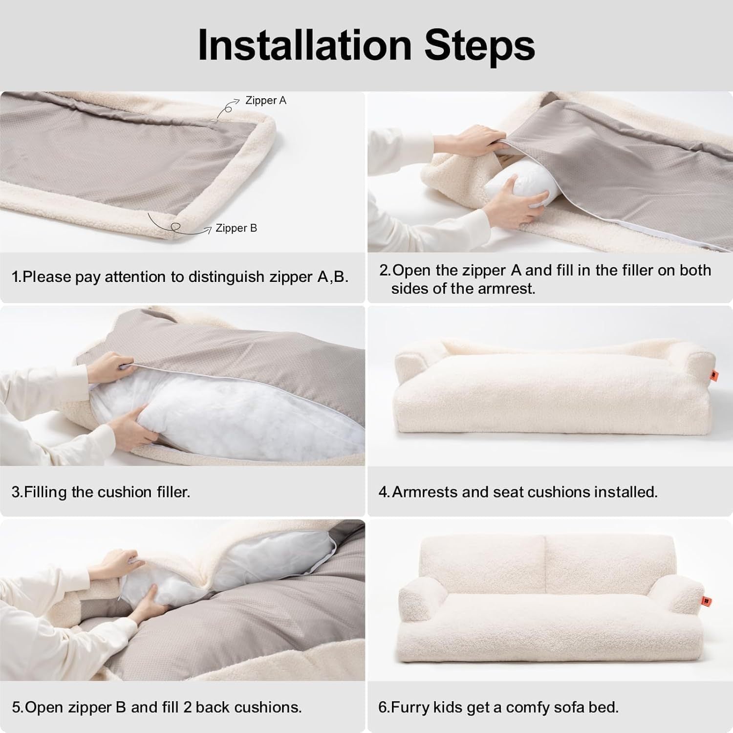 Step-by-step installation guide showing how to assemble a waterproof pet bed with zippers and cushions