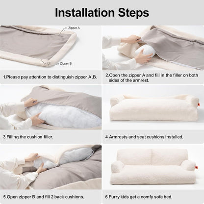 Step-by-step installation guide showing how to assemble a waterproof pet bed with zippers and cushions