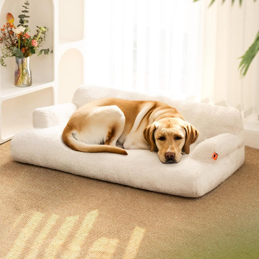 Large waterproof pet bed in white with a golden labrador dog lying comfortably indoors