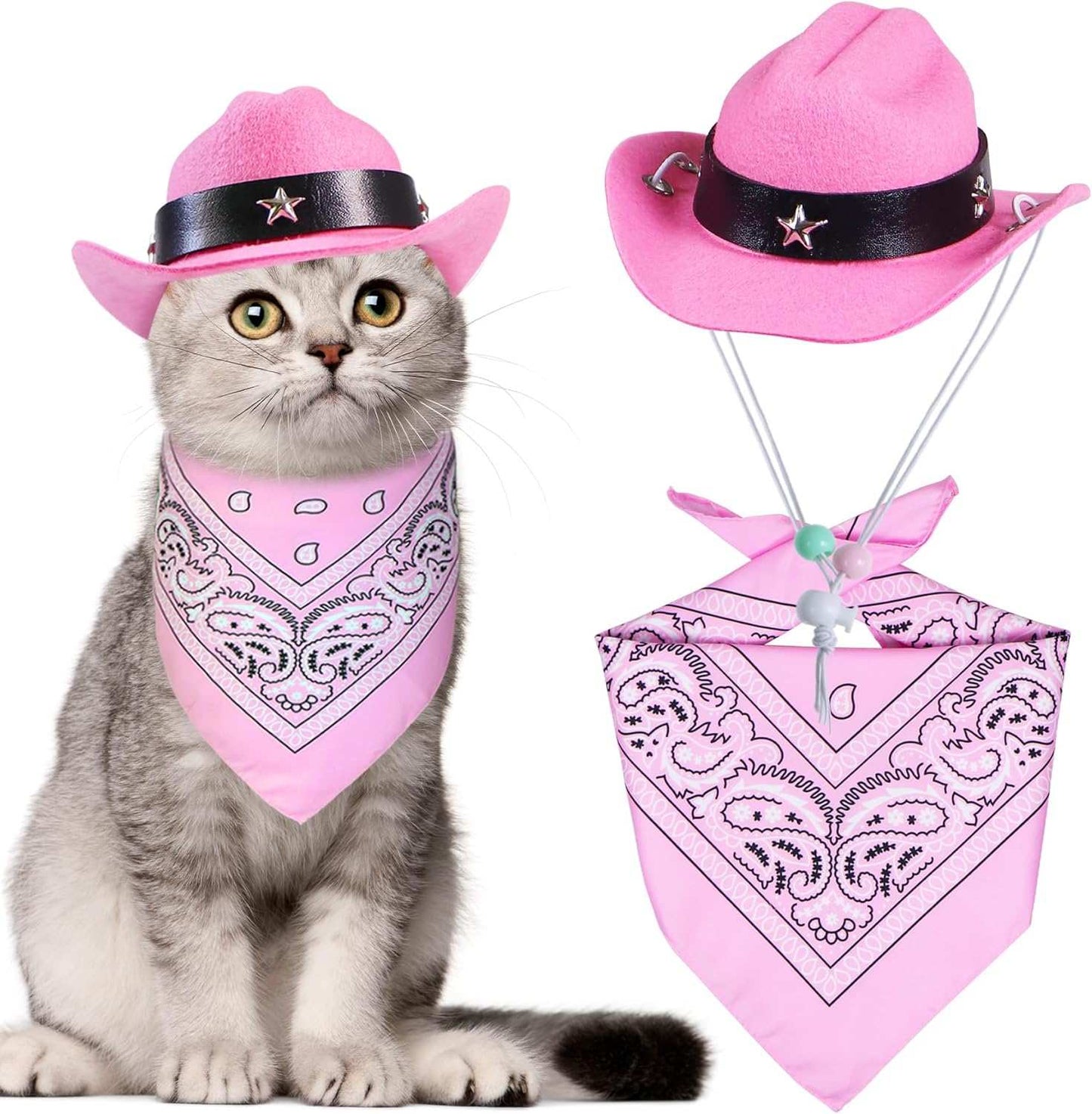 Adorable cat wearing a pink Western Bandana and Hat Set for playful pet dress-up