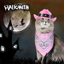 Cat dressed in a pink Western Bandana and Hat Set with a spooky Halloween background