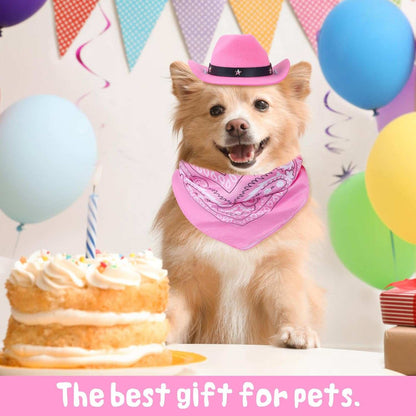 Happy dog wearing a pink Western Bandana and Hat Set at a birthday celebration