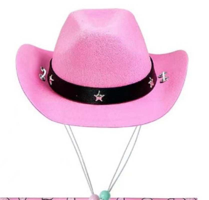 Pink cowboy hat from the Western Bandana and Hat Set for pets, featuring decorative star accents
