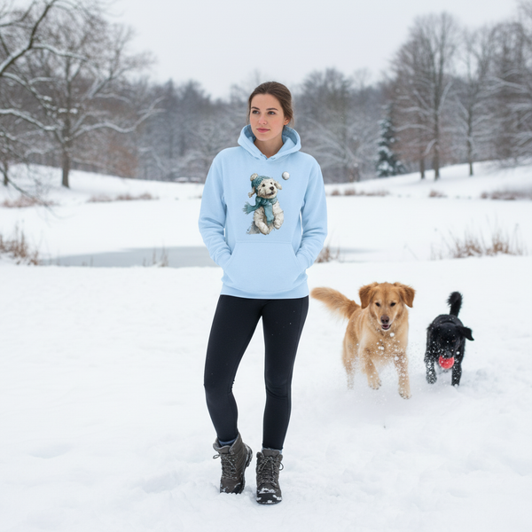 Whimsical Pup Snowball Fetch Hoodie Light Blue