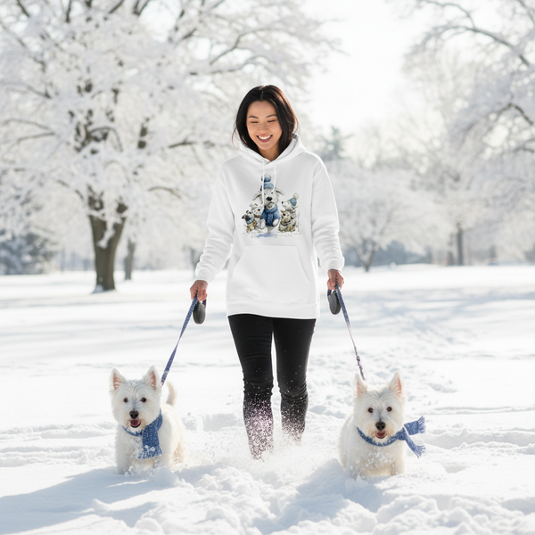 Whimsical Winter Dogs Playing White Hoodie Lifestyle