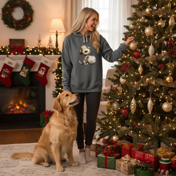 Whimsy Ornament Pup Hoodie - Pepper - Lifestyle Image 1