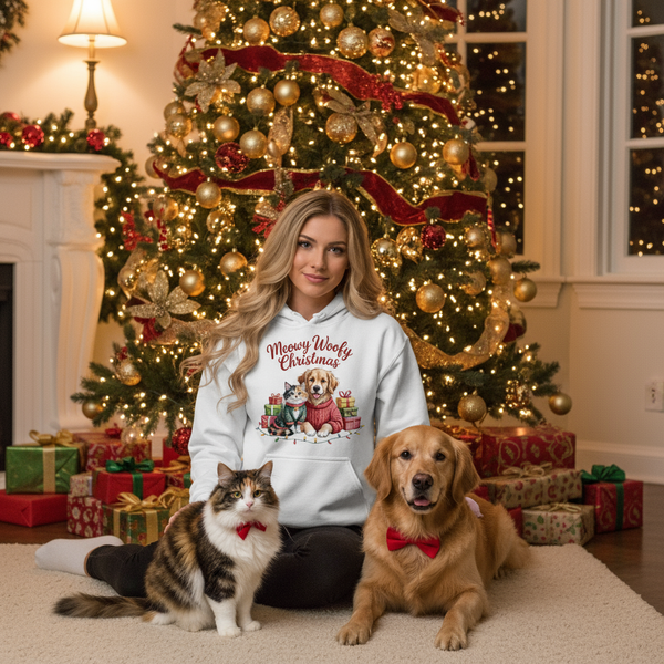 White Meowy Woofmas Hoodie Lifestyle