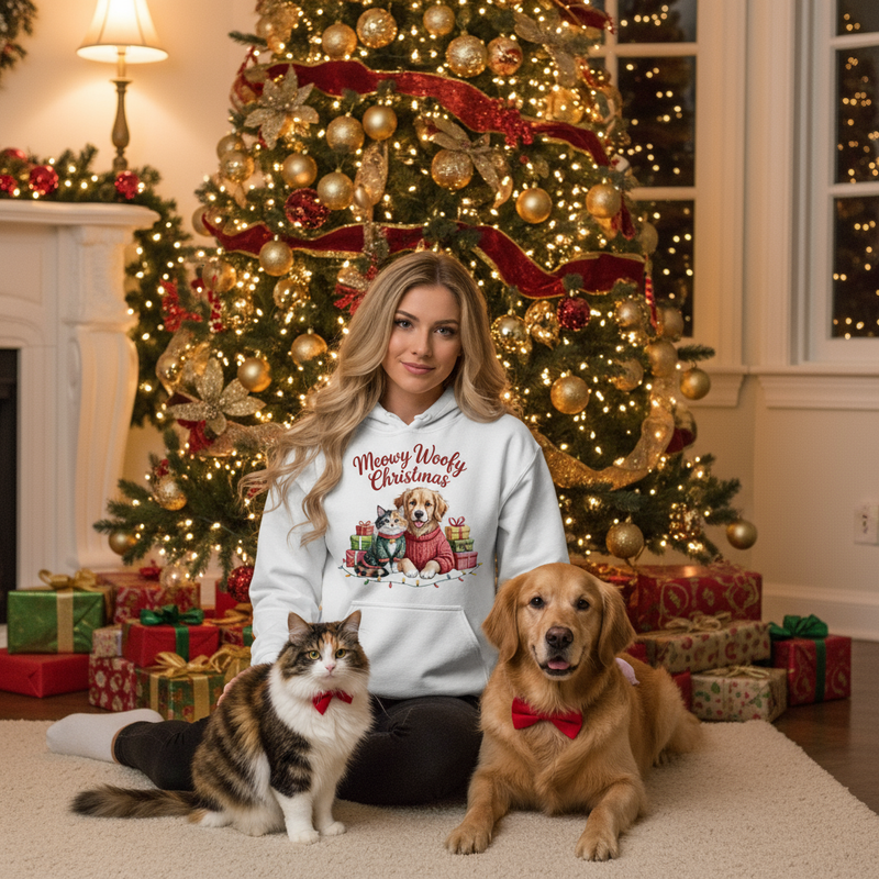 White Meowy Woofmas Hoodie Lifestyle