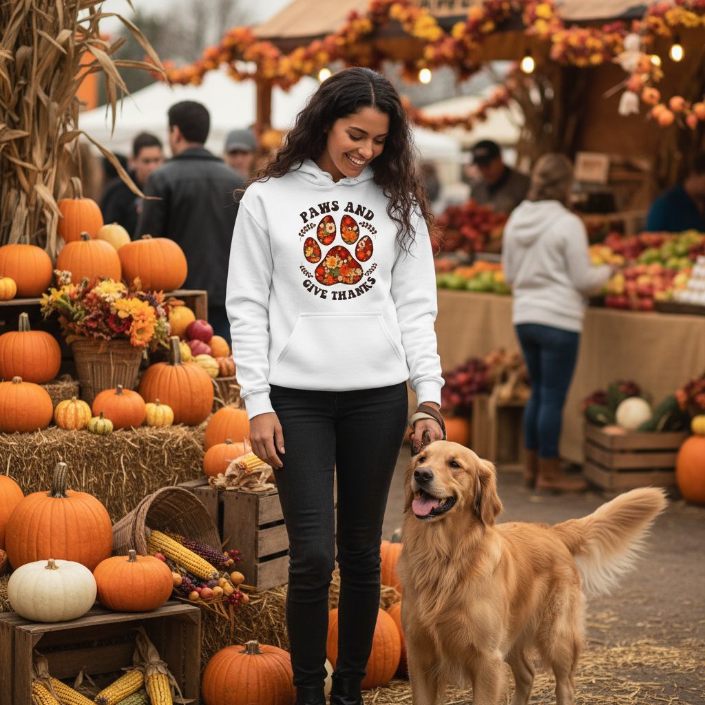 White Paws and Give Thanks Hoodie Thanksgiving Lifestyle