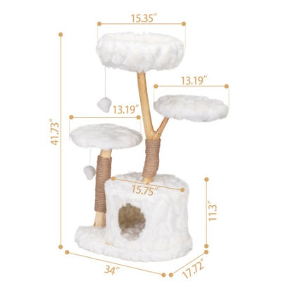 Wefulfil White Plush Natural Cat Tree with multiple platforms and cozy hideout for cats