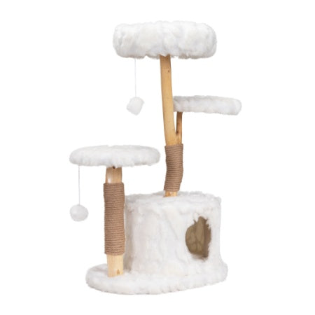 Wefulfil White Plush Natural Cat Tree with multiple platforms and cozy hideaway for cats