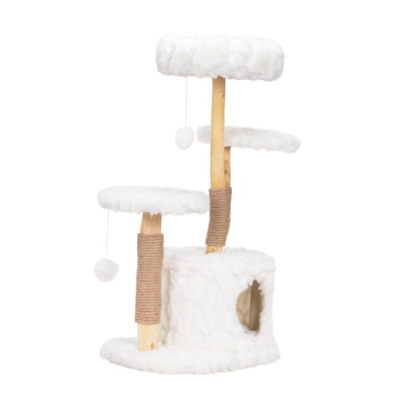 Wefulfil white plush natural cat tree with multiple platforms and sisal-wrapped scratching posts