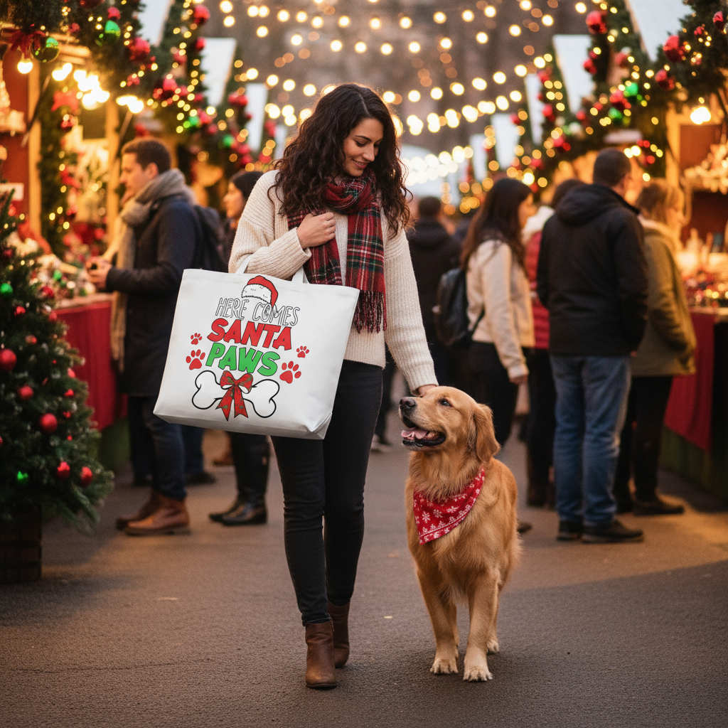 White Santa Paws Tote Christmas Lifestyle