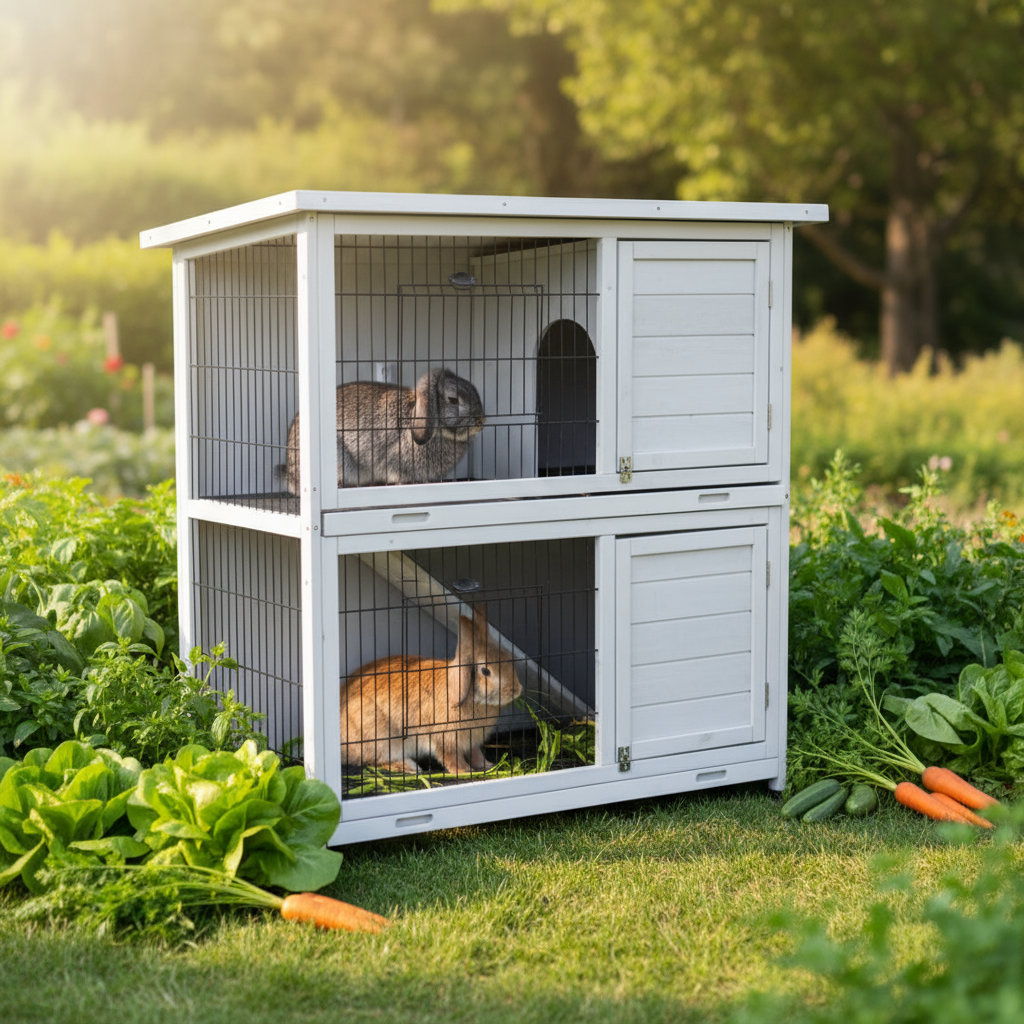 White wooden rabbit hutch with lop-eared rabbits in garden