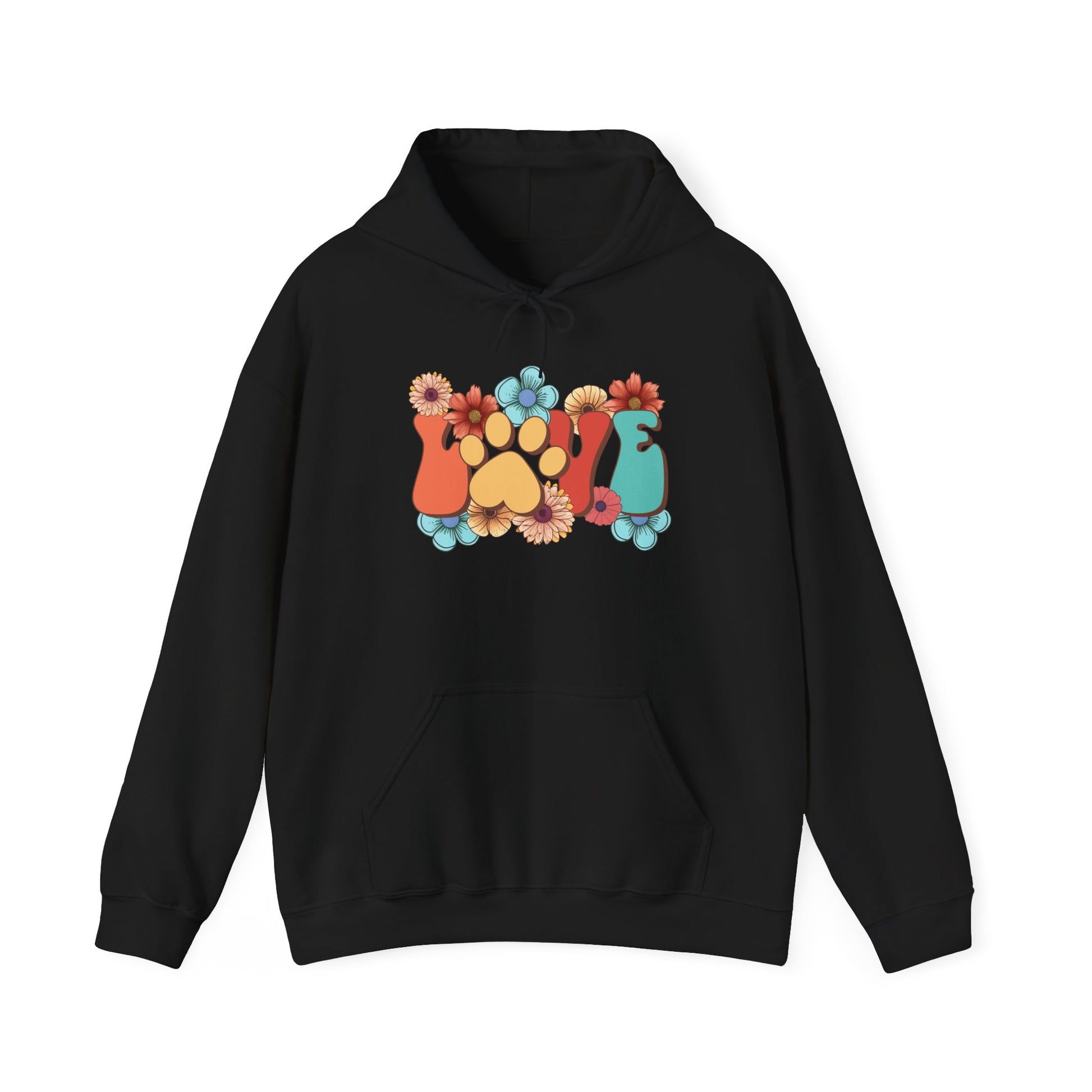 Printify black hoodie with retro floral paw print design for pet owners Animal Lover Hoodie perfect for casual wear