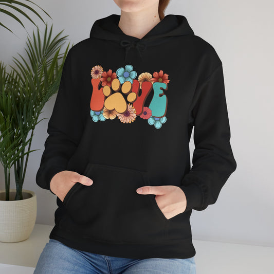 Printify black hoodie with colorful floral LOVE design and paw print center Animal Lover Hoodie for pet fans
