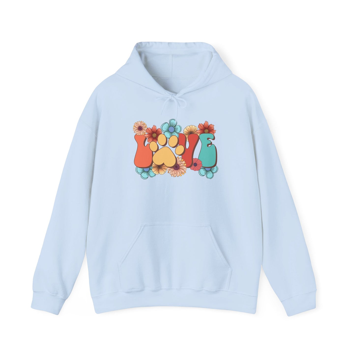 Printify light blue hoodie with colorful floral paw and pawprint graphic cozy kangaroo pocket Animal Lover Hoodie