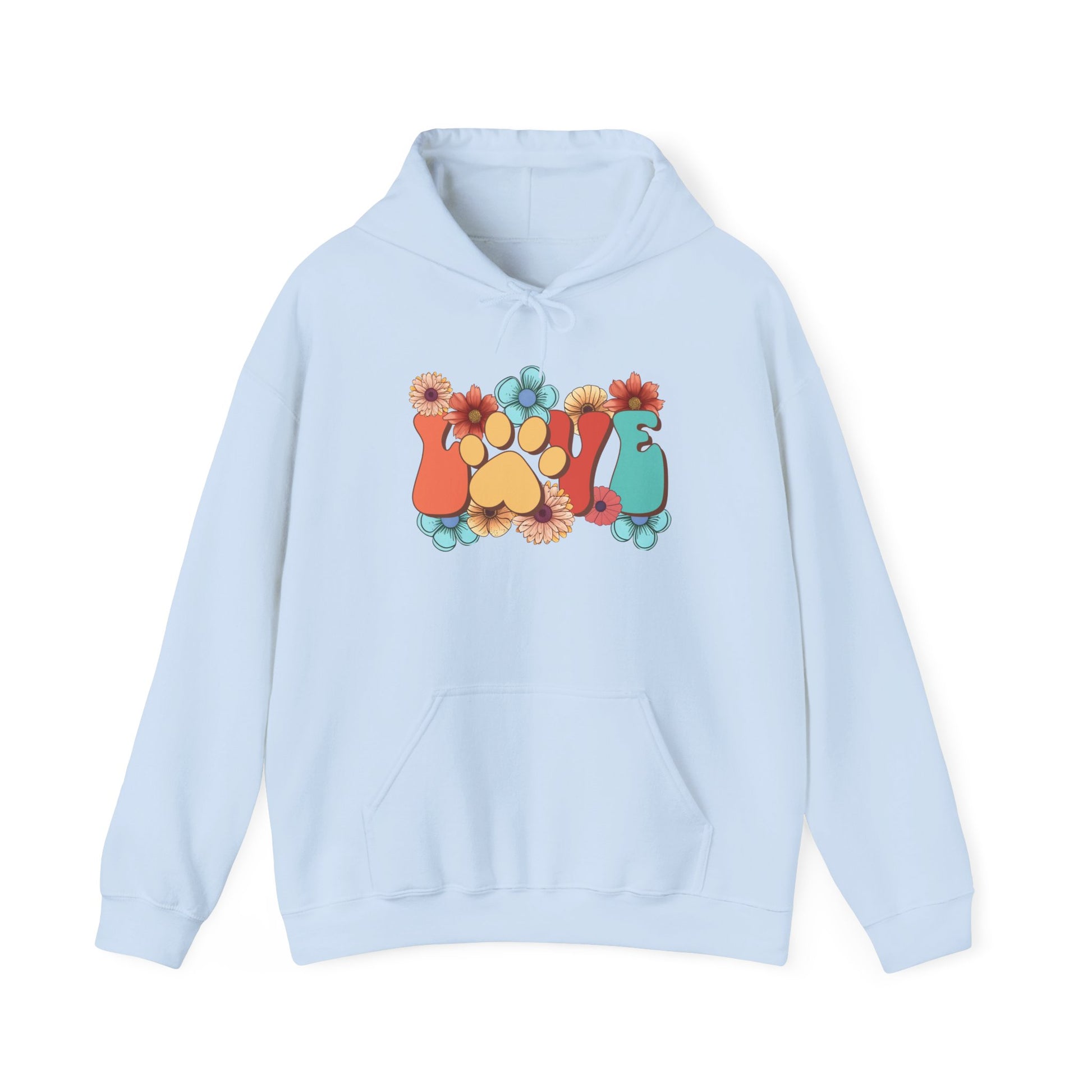 Printify light blue hoodie with colorful floral paw and pawprint graphic cozy kangaroo pocket Animal Lover Hoodie